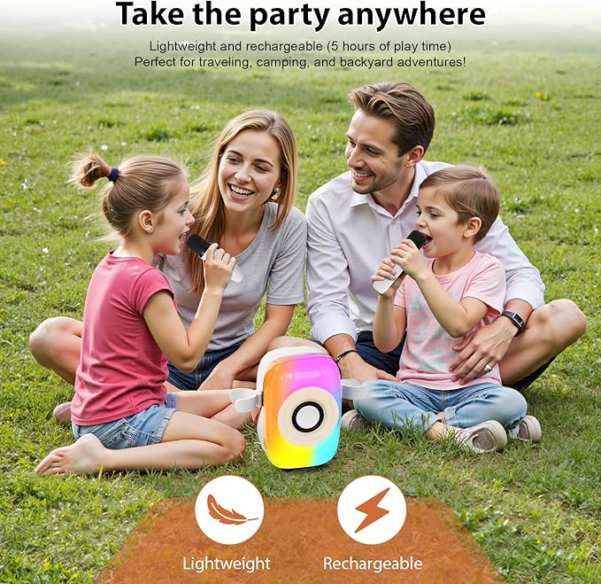 Kids Karaoke Machine, Bluetooth Mini Portable Karaoke Machine, with 2 Wireless Microphone and Speaker, Toys for All Smartphones, Birthday, Family, Home Party (White)