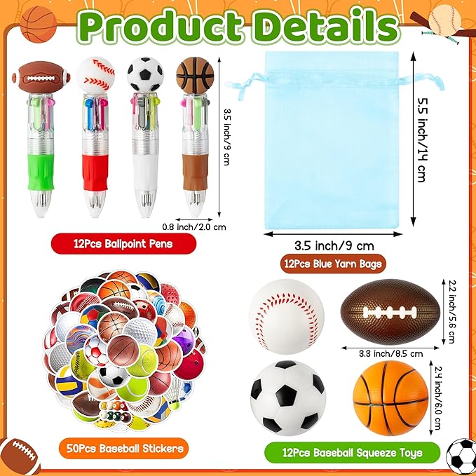 CY2SIDE 12 Pack Sport Squeeze Ball Party Favor Gift Set with Ballpoint Pen Sticker 2.5’’ Baseball Basketball Football Soccer Stress Ball Classroom Prize for Kid Sport Lover Birthday Goodie Bag Stuffer