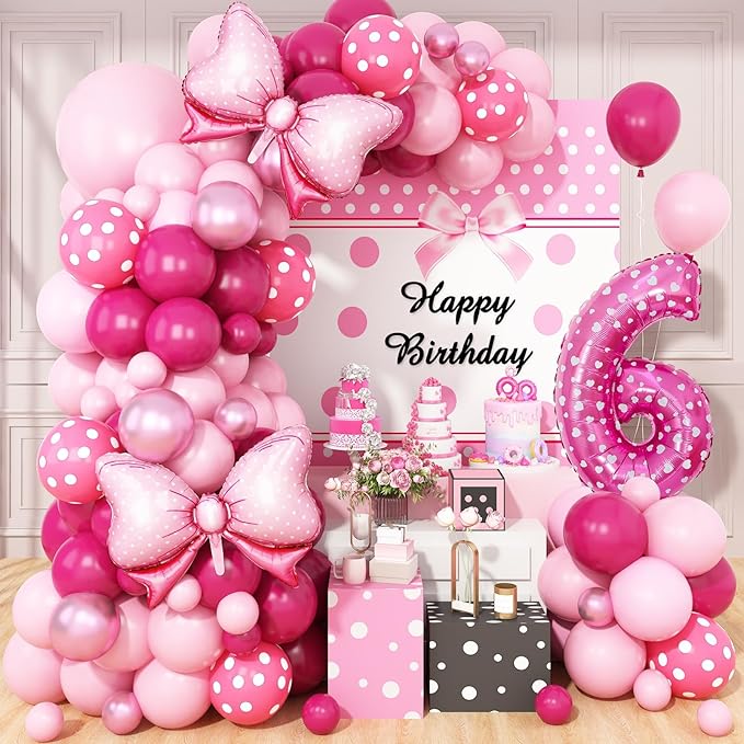 Pink 6th Birthday Balloons Decorations, Hot Pink Rose Polka Dots Balloon Arch Kit, Huge Bow Foil Balloons, pink Number 6 Balloon Tower for Baby Shower Girls Princess 6th Theme Party
