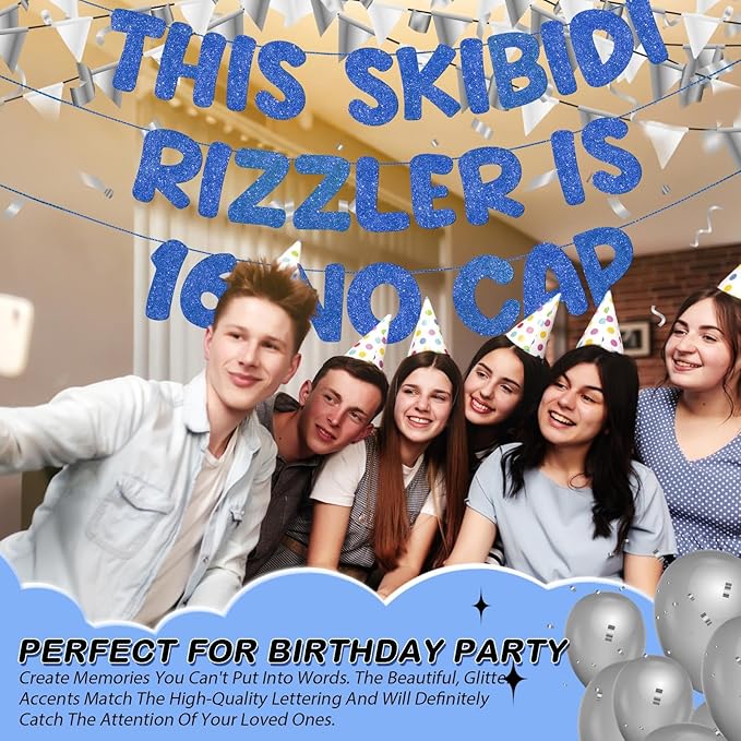 Fulmoon Pre Strung This Skibidi Rizzler Is 16 No Cap Glitter Banner 16th Birthday Party Decorations, Funny Birthday Sign, Party Supplies, Ideas, Gifts, Dark Blue