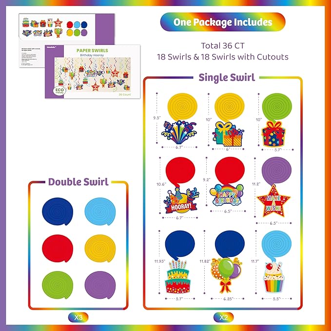 Colorful Birthday Hanging Swirl Decorations, 36ct Paper Ceiling Decor Set with Cutouts of Cakes, Gifts, Balloons & Stars, Vibrant Paper Party Supplies for Birthday Decor & Celebration Themes