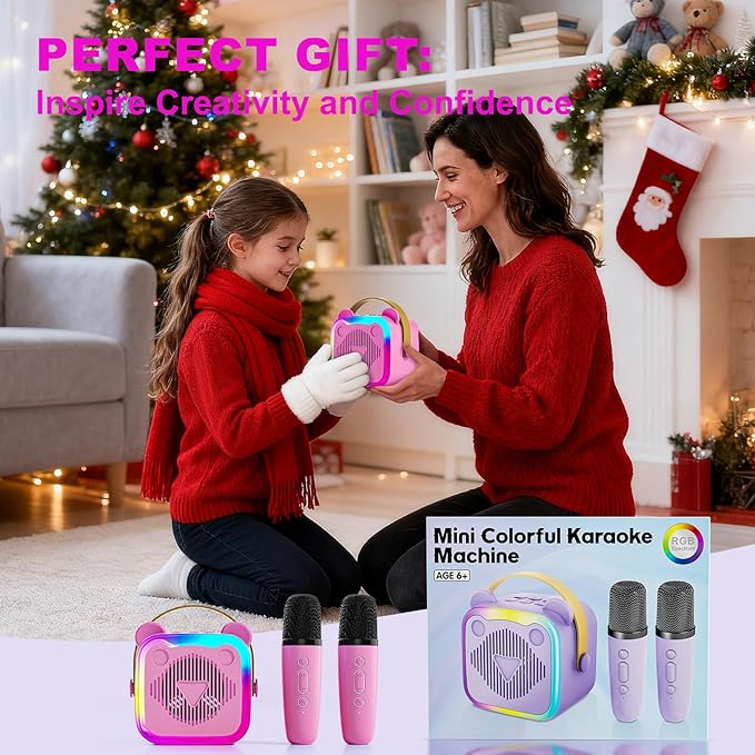 Mini Karaoke Machine for Kids: Portable Singing Toys Speaker with 2 Wireless Microphones for Girls and Boys Ages 3-12+ Years Old（Rose-red）