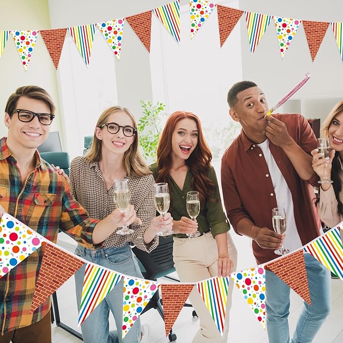 Jetec 5 Pcs 49 Ft Cartoon Friends Birthday Party Decorations Pennant Banner Red Brick Triangle Bunting Flags Green Blue Red Theme Party Supplies for Indoor Outdoor Hanging Decor Favors