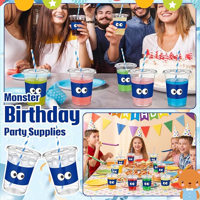 50 Pcs Blue Monster Themed Party Supplies Cartoon Blue Monster Plastic Cups Bulk Cartoon Baby Shower Decorations Disposable Party Favor Cups for Birthday Decorations Gender Reveal Supplies
