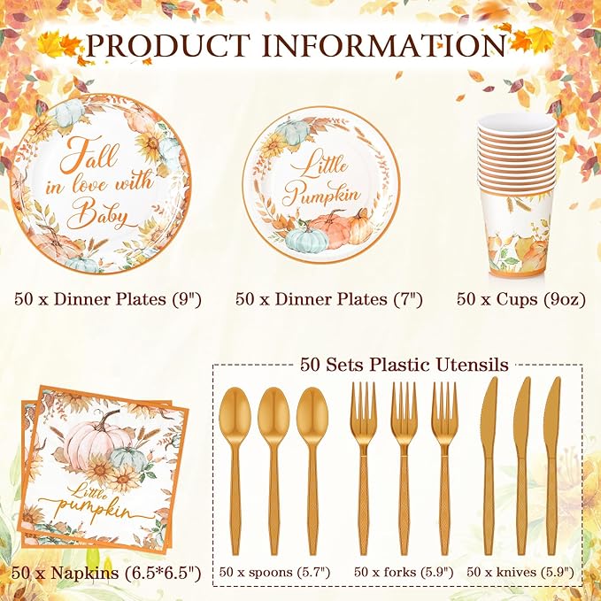350 Pcs Fall Baby Shower Party Supplies Fall in Love with Baby Paper Plates Napkins Cups and Plastic Cutlery Party Tableware Set for Autumn Shower Birthday Decorations, Serves 50