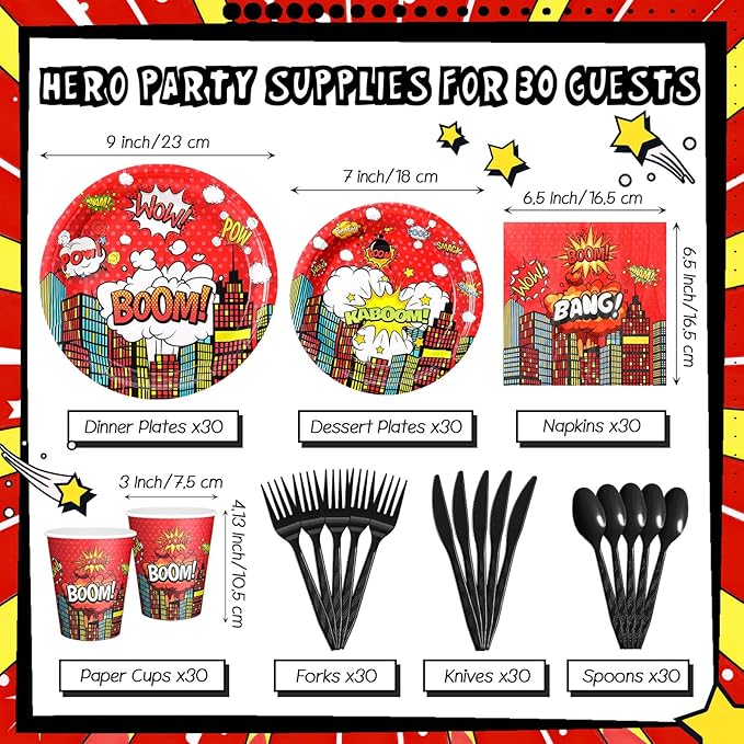 Zhehao 210 Pcs Christmas Hero Party Supplies Serves 30, Hero Themed Paper Plates Napkins Cups and Tableware Sets for Birthday Baby Shower Party Supplies Decor (Red)
