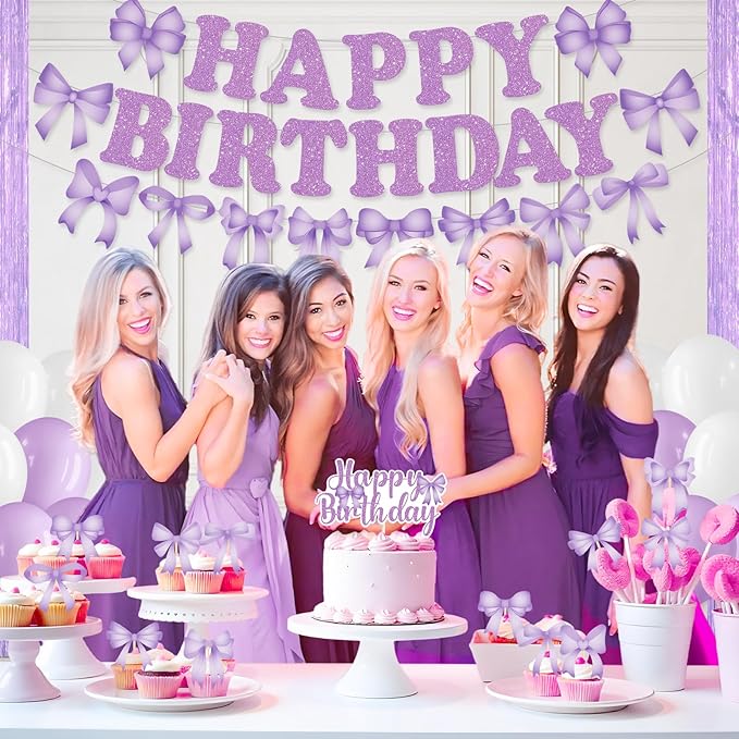 Purple Bow Birthday Party Decorations Bow Happy Birthday Banner Purple White Balloons Cake and Cupcake Toppers for Girls Women Coquette Bday Baby Shower Party Supplies