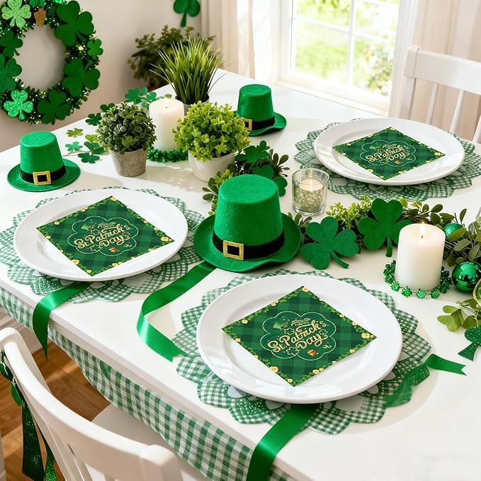 50 Pcs St Patrick's Day Shamrock Green Clover Paper Napkins, 6.5''x6.5'' Irish Green Gold Disposable Cocktail Beverage Napkins for Home Dinner Kitchen Bathroom Party Supplies