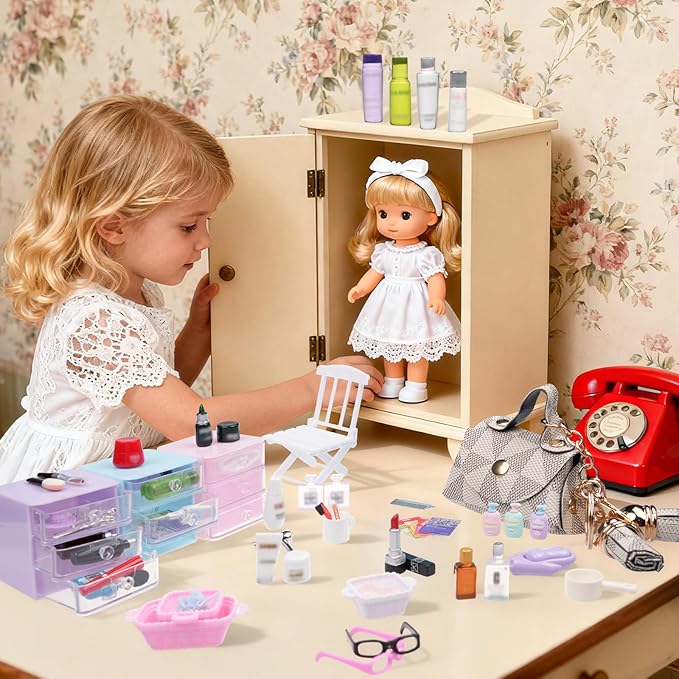 77Pcs Dollhouse Bathroom Accessories Set - Miniature Makeup & Toiletries with Storage Cases, Handbag, Hair Dryer - 1:12 Scale Doll House Decor for Girls