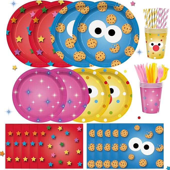 168PCS Cookie Party Supplies for Boys Girls Cartoon Street Theme Birthday Party Decorations Paper Plates Cups Forks Knives and Straws Tableware Set for 24 Guests
