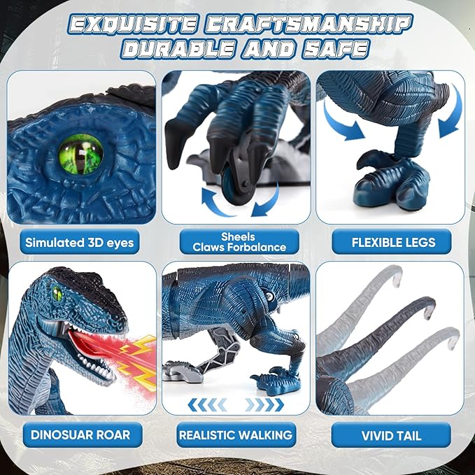 Remote Control Dinosaur Toys for Kids, Dinosaur Toys for Boys Big Walking Velociraptor Dino with Light Sound and Spray Stream Birthday Gift Ideas for Boys and Girls 3-5 4-7 Year Old