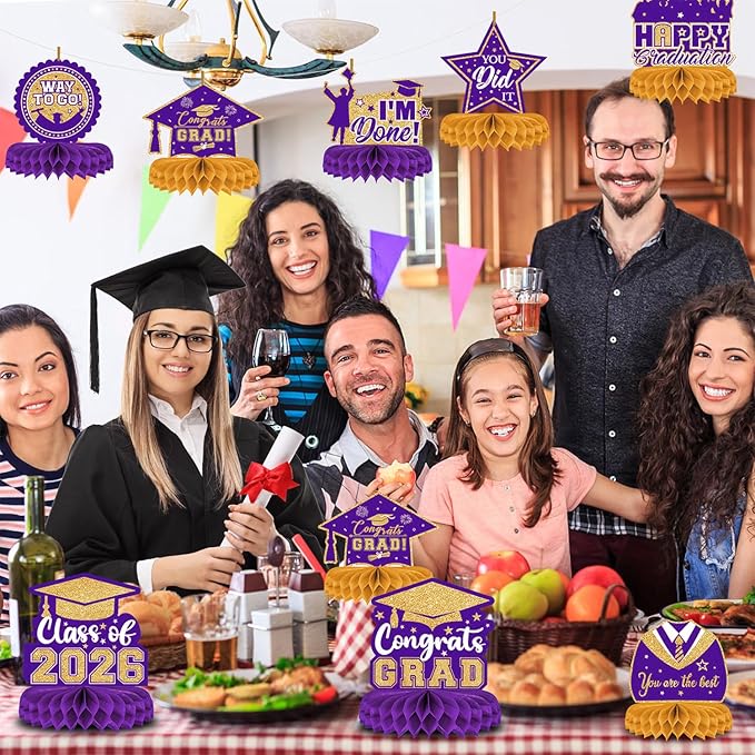 8 Pieces Class of 2026 Graduation Table Decorations - 2026 Congrats Grad Honeycomb Centerpieces, Graduations Table Toppers Decor for 2026 Graduation Party Decorations Favor Supplies, Purple and Gold