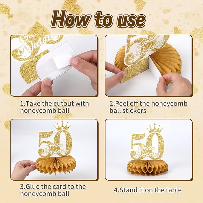 10 Pcs 50th Anniversary Decorations, 50th Wedding Anniversary Decorations 50th Anniversary Honeycomb Centerpiece White Gold Happy 50th Wedding Anniversary Party Centerpieces