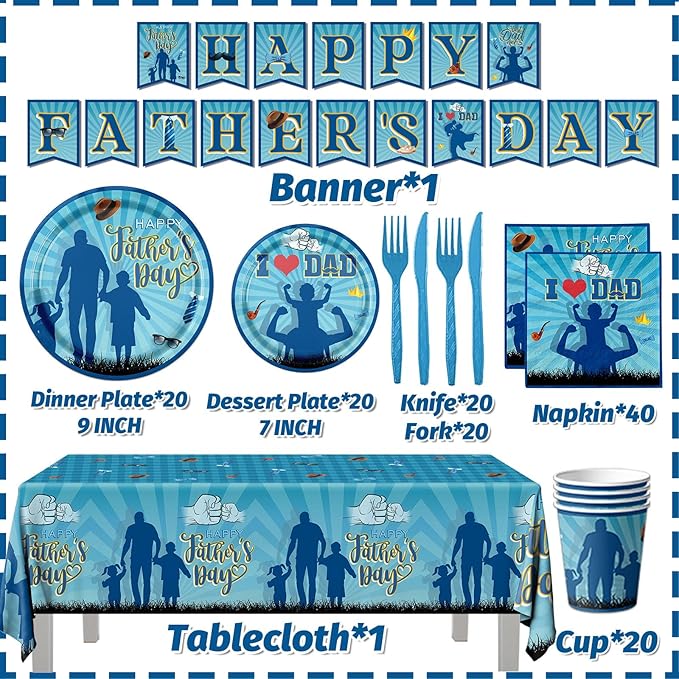 Fathers Day Decoration-Happy Fathers Day Plates and Napkins Kit Blue I Love Dad Tableware for Father Day Party Decoration