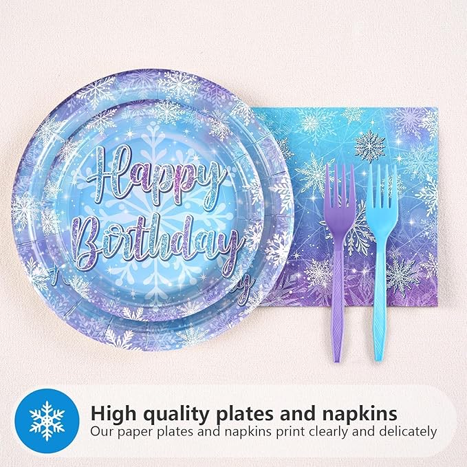 Grencian 96Pcs Frozen Party Supplies Winter Onderland 3rd Birthday Plates Winter Snowflake Disposable Happy 3rd Birthday Tableware for Kids Girls Frozen Themed Party Serves 24
