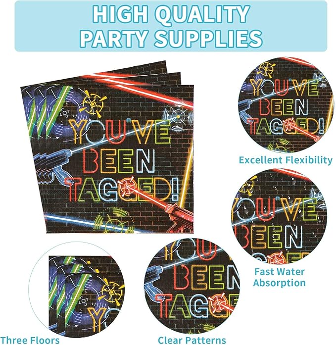 96 Pcs Laser Tag Party Supplies Disposable Glow Neon Plates Napkins Forks Tableware Set Laser Tag Party Favors for Kids Boys Girls Neon Glow Shooting Game Laser Tag Birthday Decorations Serves 24