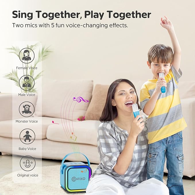Contixo KS1 Mini Karaoke Machine for Kids, Portable Bluetooth Speaker with 2 Wireless Microphones & Dynamic Lights for Boys & Girls, Home Party Entertainment Toy (Blue)