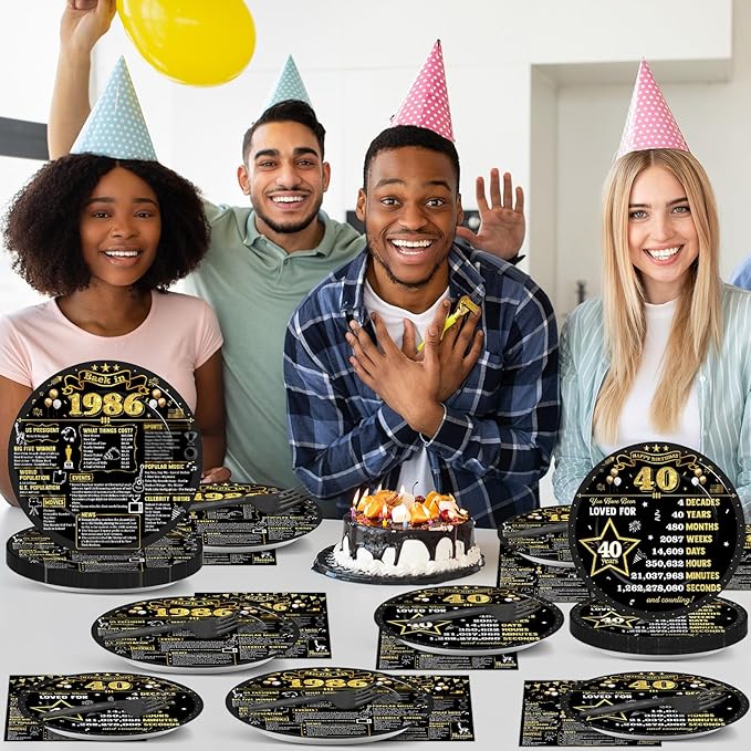 96Pcs 40th Birthday Plates and Napkins Back in 1986 Party Decorations Black Gold 40 Year Old Party Dessert Plates 1986 Birthday Tableware for 24 Guests 40th Theme Men Woman Bday Parties Supplies