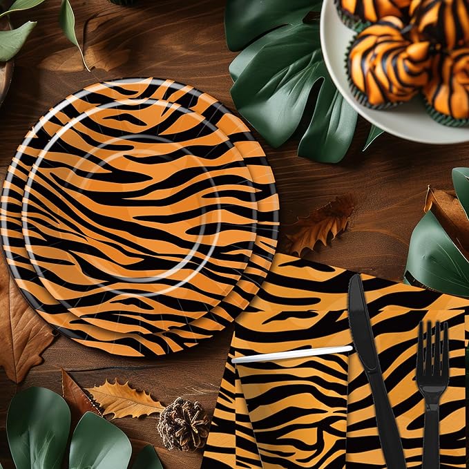 Tiger Print Birthday Plates And Napkins Party Supplies, Safari Jungle Animal Tiger Texture Print Party Decorations Tableware, Plate, Cup, Napkin, Fork | Serves 24