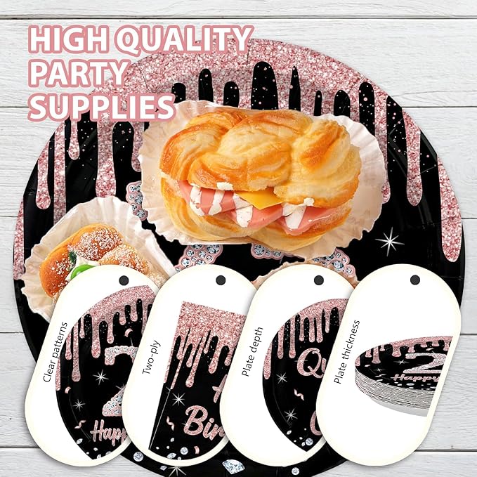 96 Pcs 25th Birthday Party Decorations Rose Gold and Black Happy 25th Birthday Paper Plates and Napkins Quarter Life Crisis Birthday Decorations for Women 25 Years Old Party Supplies Serves 24
