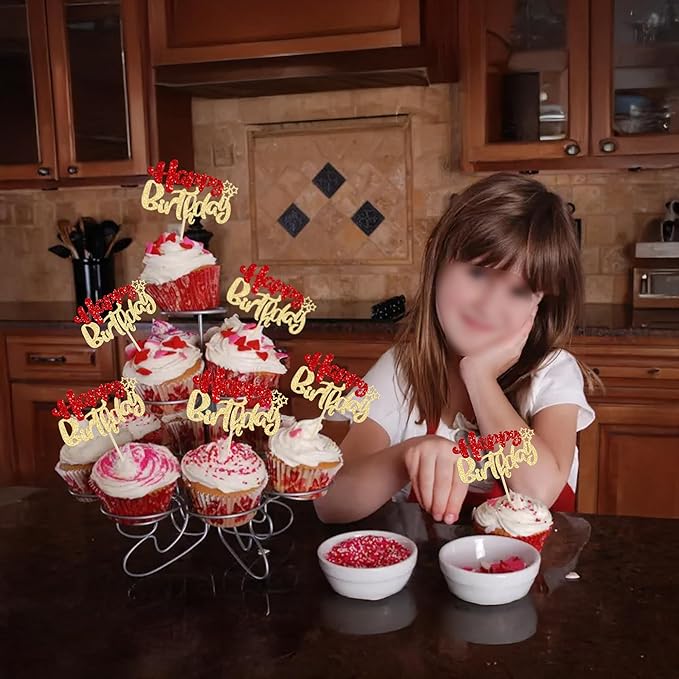 Ephlyn 24Pcs Happy Birthday Cupcake Toppers Double Layer Glitter Happy Birthday Cake Decorations for Christmas Theme Baby Shower Anniversary Party Decorations Supplies Red Gold