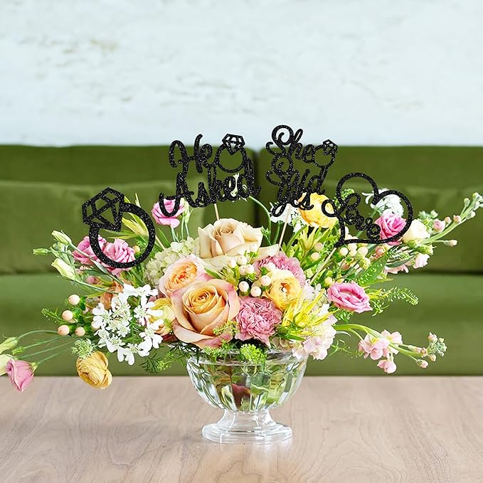 Gyufise 12Pcs He Asked She Said Yes Centerpiece Sticks Double Sided Love Heart I Do Ring Table Centerpiece Sticks for Wedding Engagement Bridal Theme Party Supplies Black