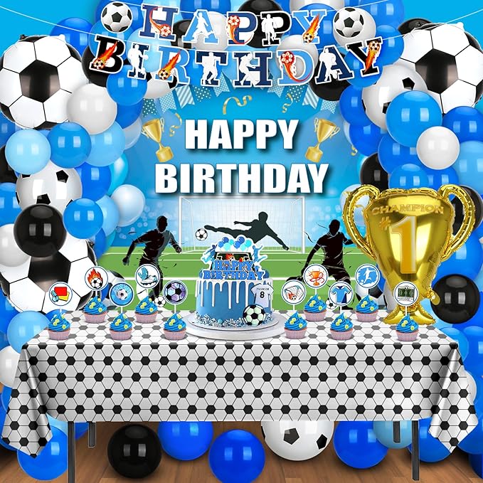 Soccer Birthday Party Decorations, 131PCS Blue Soccer Birthday Party Supplies Including Tablecloth Backdrop Banner Cake Topper Latex Balloons Foil Balloons Decorations Kit for Sport Ball Theme