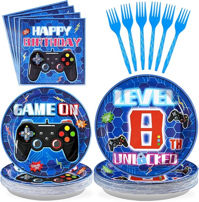 Grencian 96 Pcs 8th Video Game Birthday Party Decorations Blue Video Game Level 8 Birthday Plates and Napkins Tableware Sets for Kids Boys 8 Years Old Gamer Gaming Party Supplies Favors Serves 24