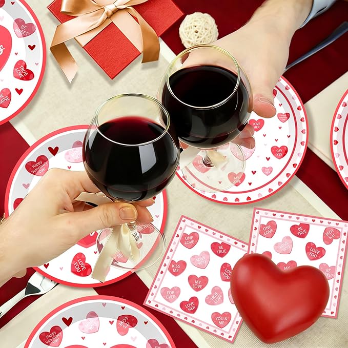 Valentine's Day Party Supplies Tableware Set Red Heart Love Paper Plates Napkins Cups Tablecloth Garlands Banner for Valentine's Day Party Decorations, Serves 24