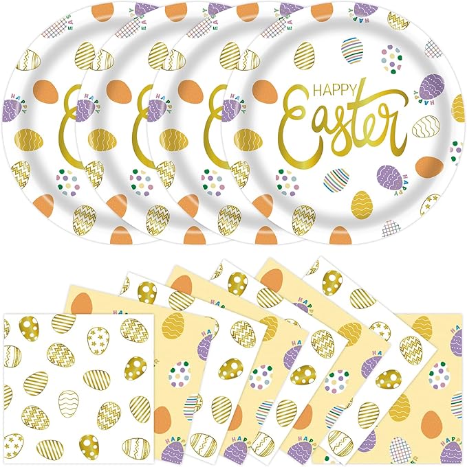 50pcs Easter Paper Plates &Napkins, Disposable 7IN Easter Plates Egg Dinner Napkins Double-sided Paper Party Supplies for Happy Easter Spring Baby Shower Birthday Dinner Decorations Serve 25