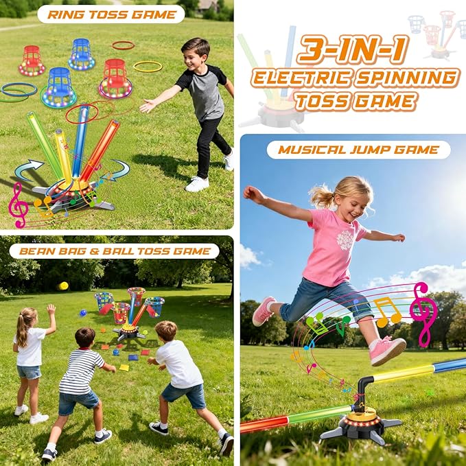 VATOS 3 in 1 Bean Bag & Ring Toss Game, Musical Jumping for Kids, Electric Spinning Base with Remote, Lights, 12 Sandbags, 12 Tossing Rings, 12 Balls, Indoor Outdoor Backyard Sport Toy for Boy Girl 3+