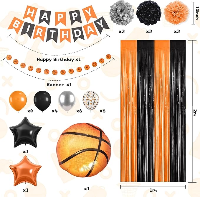 Basketball Party Supplies,Basketball Theme Birthday Decorations,Include Orange Black Balloons Happy Birthday Banner Fringe Curtain Tissue Paper Pompoms Garland