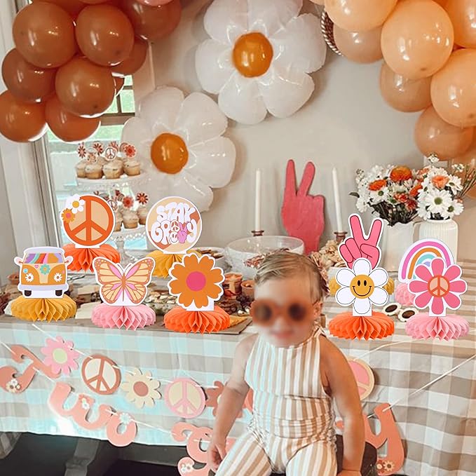 9 PCS Hippie Party Honeycomb Table Centerpiece Peace Sign Hand Butterfly Dasiy Flower 60s Retro Boho Two Groovy Table Toppers Centerpieces Decorations for Hippie Carnival Birthday Party Supplies