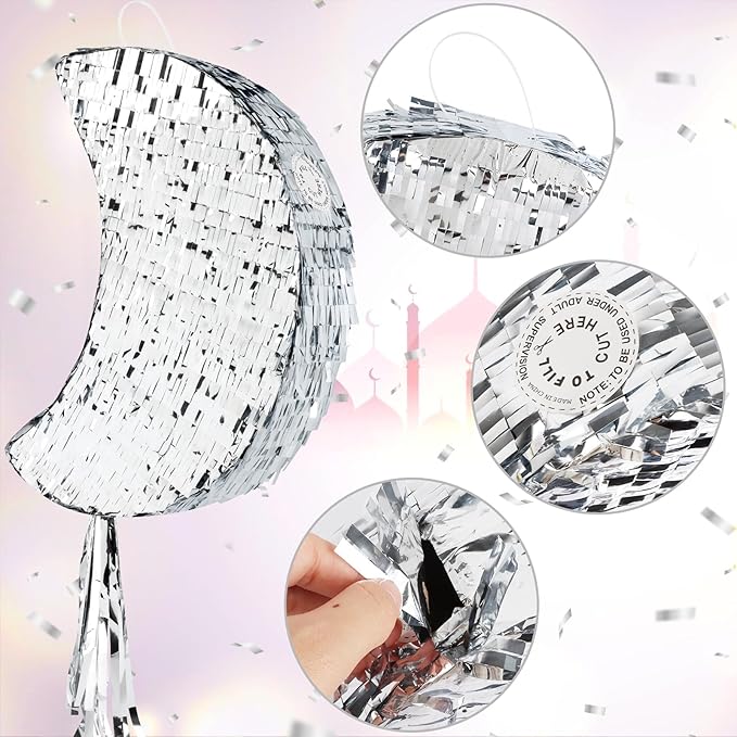 Silver Foil Moon Pinata with Stick and Blindfold Pull String Moon Pinata for Kids Birthday Party Decorations Baby Shower Gender Reveal Party Supplies