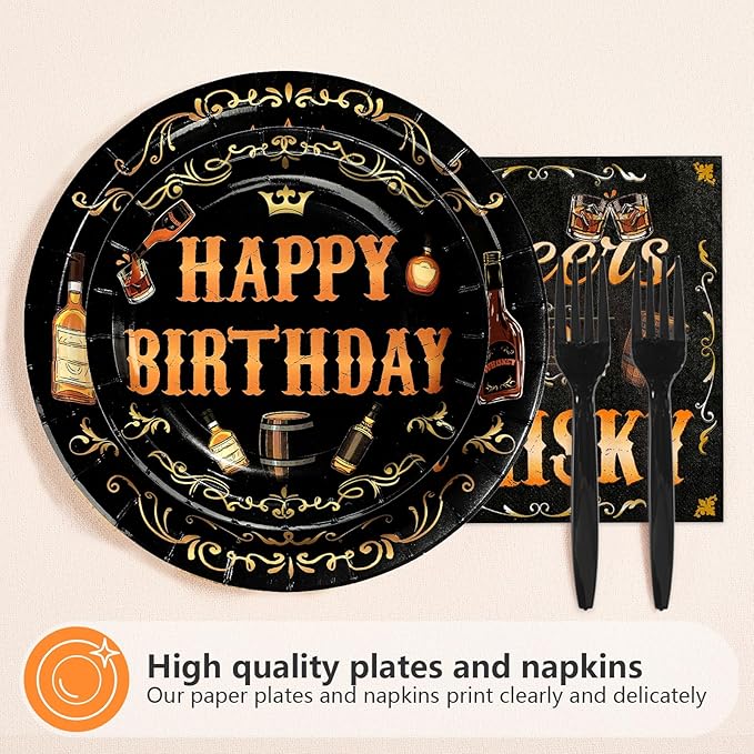 96 Pcs Whiskey 40th Birthday Party Supplies Aged To Perfection 40th Plates and Napkins Disposable Cheers and Whiskey Tableware Set for Men Vintage 40 Years Old Birthday Party Decorations Serves 24