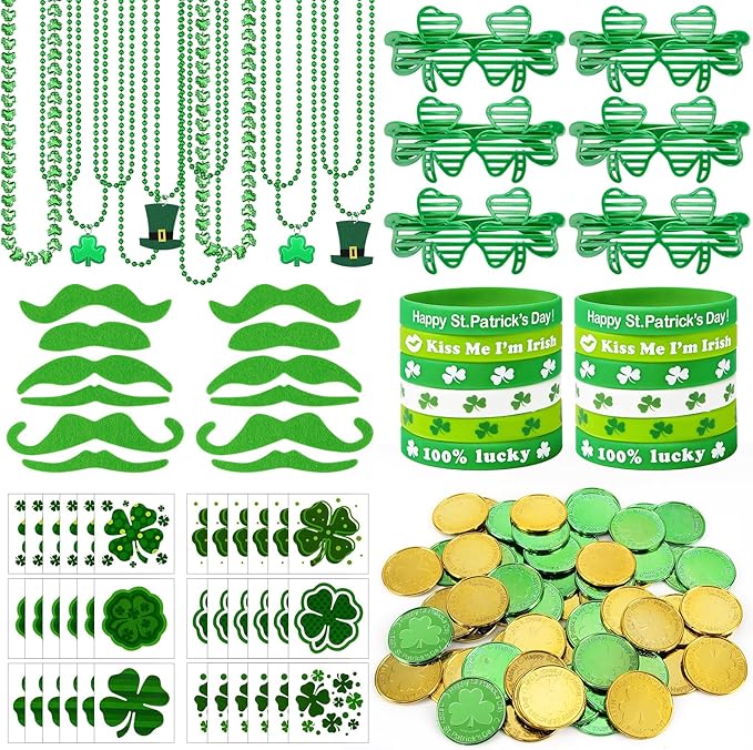 174 Pcs St. Patrick's Day Accessories Party Favor Set, Include Shamrock Glasses, Green Beads Shamrock Necklaces, Tattoos, Mustache, Bracelets, Coins, St Patricks Day Decorations Irish Party Supplies