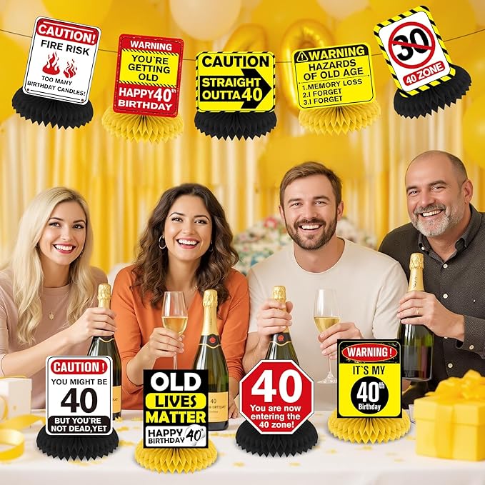 Funny 40th Birthday Decorations 9Pcs 40th Birthday Honeycomb Centerpieces for Adults 40 Years Old Party Decor, Cheers to 40 Years Party Banner Table Topper Caution Logos Sign for Men Women