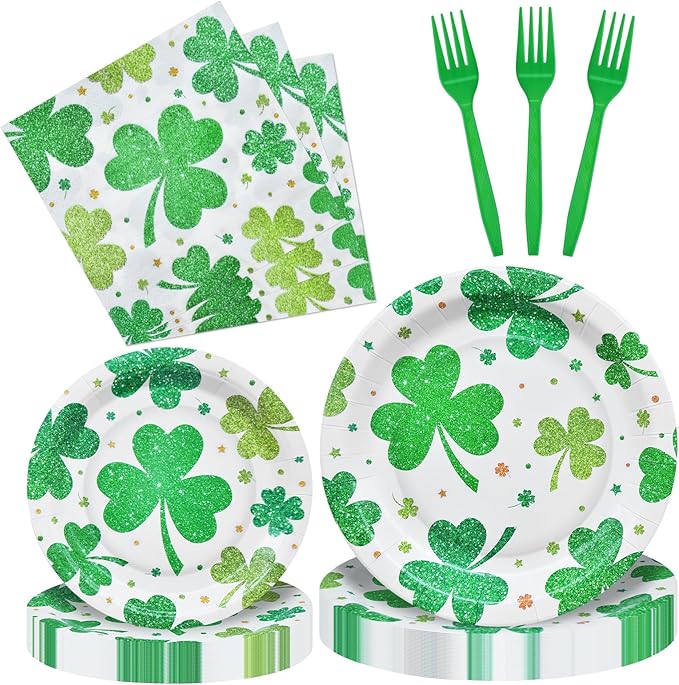 96 Pieces St. Patrick's Day Shamrock Tableware Party Supplies - Disposable Lucky Clover Design Dinnerware Set with Paper Plates, Napkins, and Forks for Irish Theme Party Celebrations - Serves 24