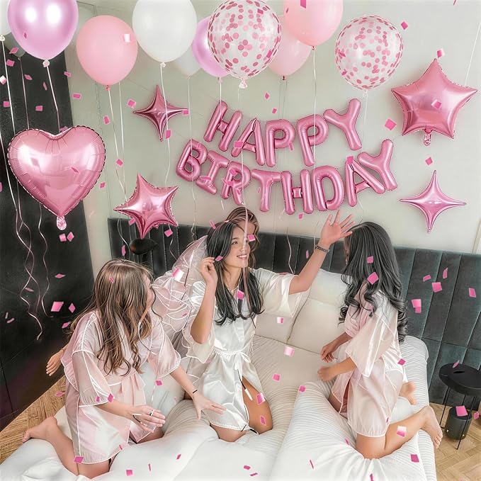 Pink Birthday Decorations for Girls Pastel Light Baby Pink Metallic Whte Confetti Latex Balloon Happy Birthday Banner Heart Foil Balloon 18/10 Inch Star Balloons for Women Bday Party Supplies