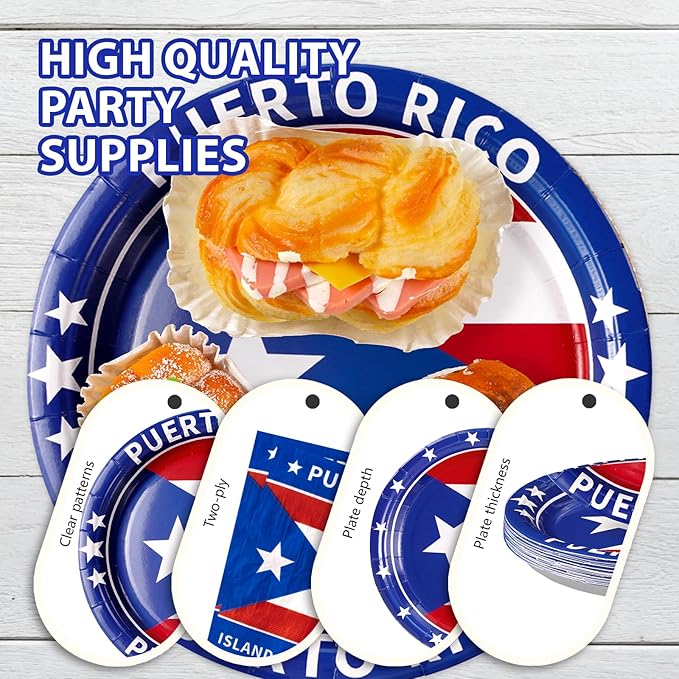 96Pcs Puerto Rico Flag Party Supplies Puerto Rico Flag Plates Disposable Red White Blue Paper Tableware Set for Rican Fiesta Birthday Party National Day Cultural Celebrations, Serves 24