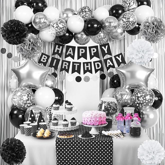 Black and Silver Birthday Decorations for Men Boys, Black White Silver Party Decorations Happy Bithday Banner Star Foil Balloon Fringe Curtain Pompom for Women Girls Party Supplies