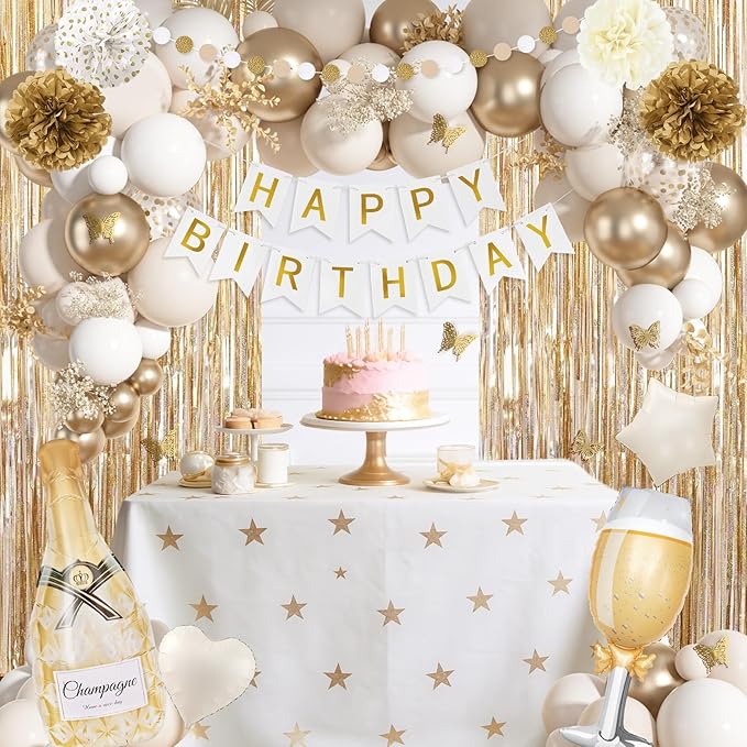 Ouddy Life White Gold Birthday Party Decorations Kit for Women Girls, Happy Birthday Banner, Sand White Metallic Gold Foil Confetti Balloons, Fringe Curtain, Cake Topper, Pompoms, Butterfly Supplies