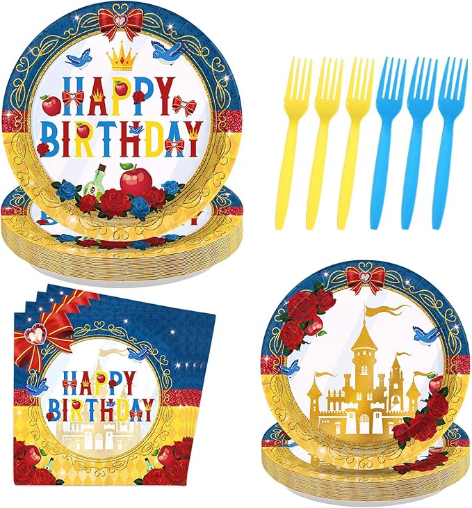 96 Pcs Snow Princess Birthday Party Supplies Cartoon Snow Plates and Napkins Gold Castle Tableware Set for Girls Birthday Baby Shower Princess Theme Party Supplies, Serves 24