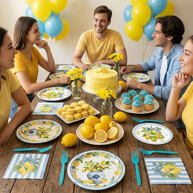 96Pcs Chinoiserie Vase Lemon Party Plates Supplies Capri Lemon Blue White Vase Tableware Decorations Disposable Paper Plates Napkins Forks for Birthday Summer Party Wedding, Serves 24