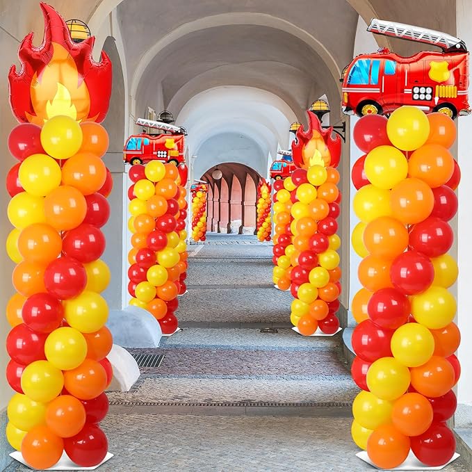 2 Sets Fire Party Balloon Column Stand Kit With 102 Fire Truck Foil Balloons 5.57Ft Adjustable Balloon Tower Stand With Base Adjustable Arch Column for Firefighter Rescue Birthday Party Supplies