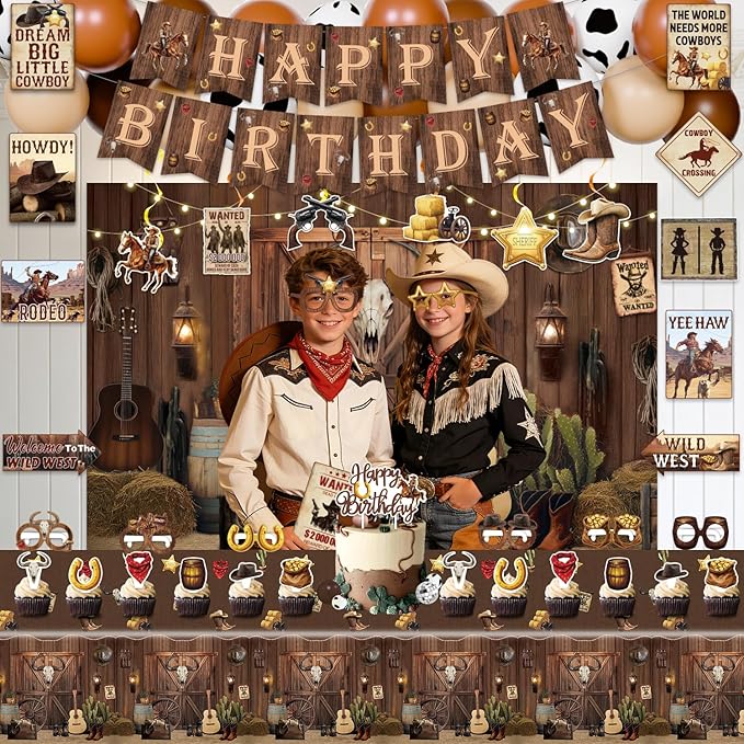 Western Party Decorations, Wild West Cowboy Retro Birthday Party Decor Supplies for Boy - Backdrop, Banner, Balloons, Tablecloth, Centerpieces, Hanging Swirl, Paper Glasses, Wall Signs