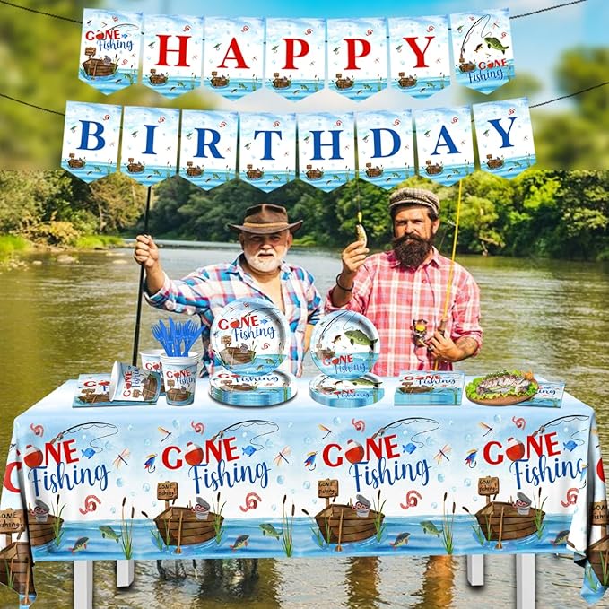 142 Pcs Gone Fishing Tableware,Fishing Birthday Party Decoration Little Fisherman Gone Fishing Themed Disposable Tablecloth,Plates,Napkins Cups Forks and Knives Supplies of Fishing Birthday Party