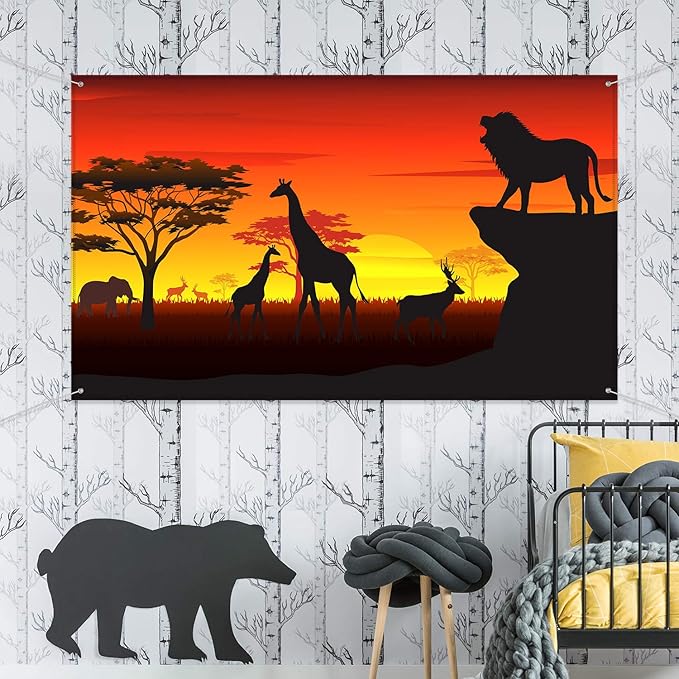 Blulu African Safari Theme Party Decorations, 72.8 x 43.3 Inch African Safari Backdrop Banner Theme Supplies, Tropical Forest Jungle Scenic Background Photo Booth Banner Wild Birthday Party Decoration
