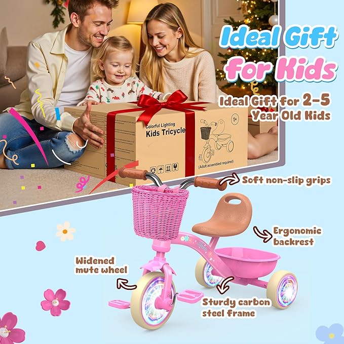 Toddler Tricycle for 1-3 3-5 Year Olds, 2 3 4 5 Year Old Girl Birthday Gifts, Pink Toddler Baby Bike, Outdoor Riding Toys for Ages 2-4, 4-Level Adjustable Seat, 3 Color Light Wheels, 2 Baskets