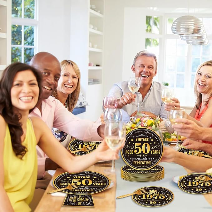 96PCS 50th Birthday Plates and Napkins Party Supplies 50th Birthday Decorations for Men 5oth Anniversary Decorations Vintage 1975 Party Tableware Sets Serve 24 Guests